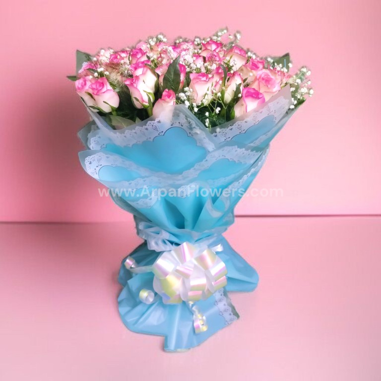 40 Pink Rose Bouquet With Sky-blue Paper 1 40 Pink Rose Bouquet With Sky-blue Paper