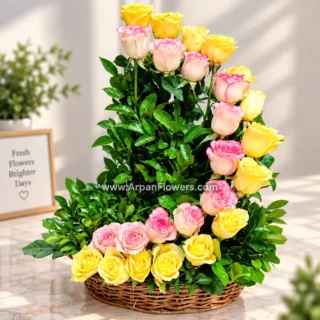 Pink Rose Basket Bouquet