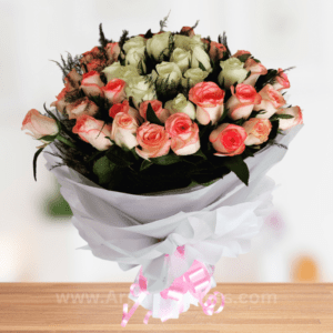 Pink & White Rose Bouquet With White Paper - Image 2