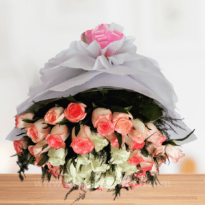 Pink & White Rose Bouquet With White Paper - Image 3