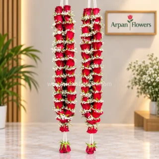 Red Rose With Gypsum Flower Varmala