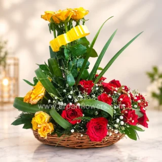 Red & Yellow Rose Basket Bouquet