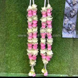 Pink & White Rose Varmala With Gypsum