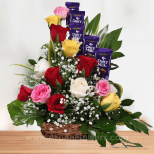 Mix Rose Basket Bouquet With Chocolate