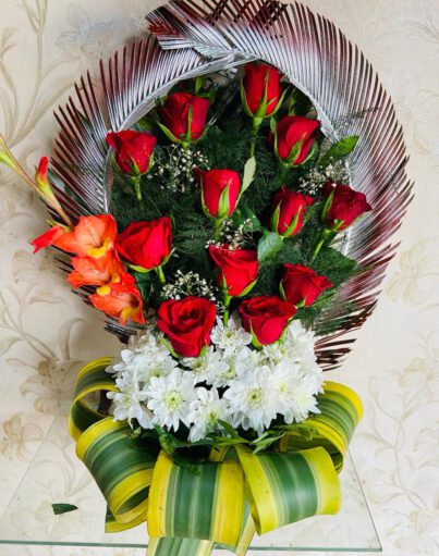 Red & Chrysanthemums (Mums)  Rose Bouquet - Image 2