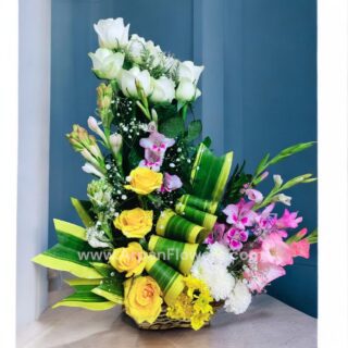 12 White and Yellow Rose with Tuberose Basket Bouquet