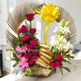 Red Rose With Tube Rose in Basket Bouquet