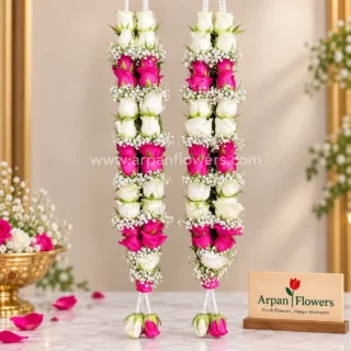 Dark Pink & White Rose With Gypsum varmala