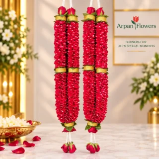 Red Rose Petals With Golden Ribbon Varmala