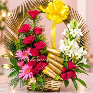 Red Rose With Tube Rose in Basket Bouquet