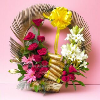 Red Rose With Tube Rose in Basket Bouquet