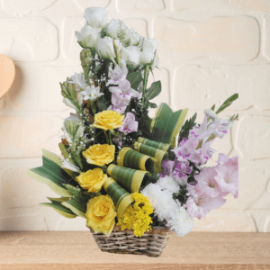 White and Yellow Rose with Tuberose Basket Bouquet online delivery