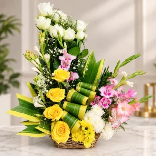 White and Yellow Rose with Tuberose Basket Bouquet