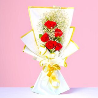 Red Rose With Gypsum Bouquet