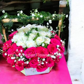 Basket Bouquet in Red and White Rose