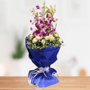 Orchid And White Rose Hand Bouquet in Blue Paper