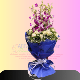 Orchid And White Rose Hand Bouquet in Blue Paper free Delivery