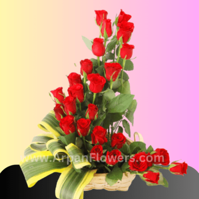 Red Rose In Basket Bouquet
