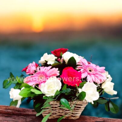 Mix flower Bouquet in Basket - Image 2