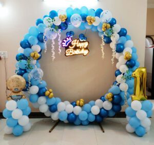 Blue and gold first birthday decoration online balloon decoration