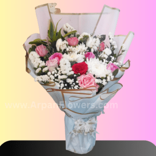 Mix Fresh Flower Bouquet In Sky Blue paper