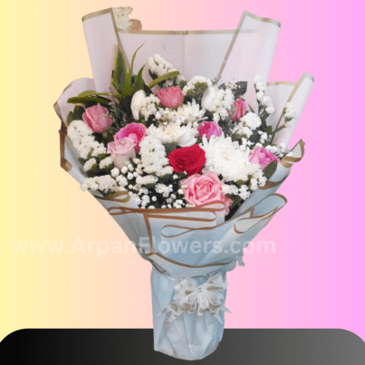 Roses & Chrysanthemum With Baby's Breath Bouquet