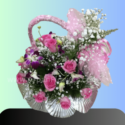 Pink Rose And Orchid Basket Arrangement