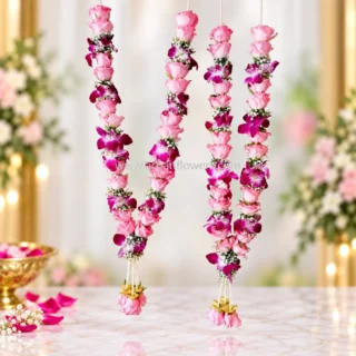 Pink rose and Orchid jaimala or garland