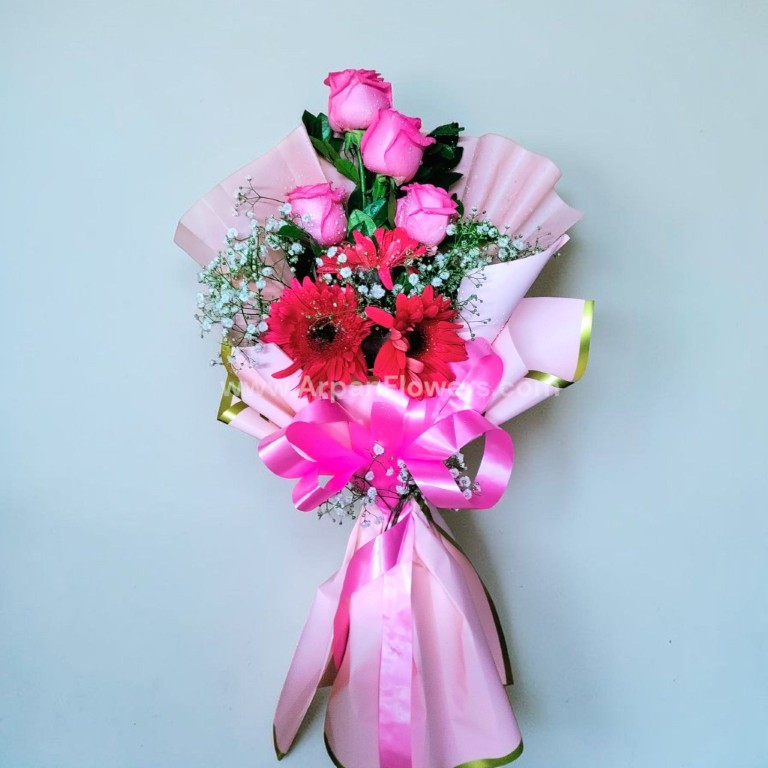 Pink roses and gerberas Mix Hand bouquet 1 Pink roses and gerberas Mix Hand bouquet