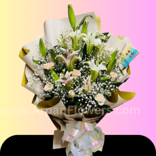 White Lily With pink Rose in Golden pink paper