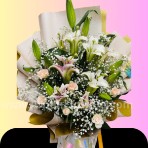 White Lily With pink Rose in Golden pink paper online delivery in raipur