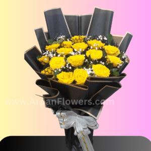 Yellow rose Bouquet in Black Paper with some Baby's Berth