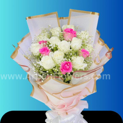 Pink And White Rose With Baby's Breath in pink Paper packing