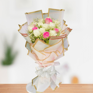 Pink And White Rose With Baby’s Breath in pink Paper packing Bouquet