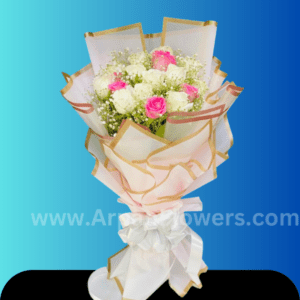 Pink And White Rose With Baby's Breath in pink Paper packing in online delivery