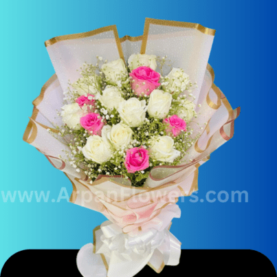 Pink & White Rose in Pink Paper packing Bouquet - Image 2