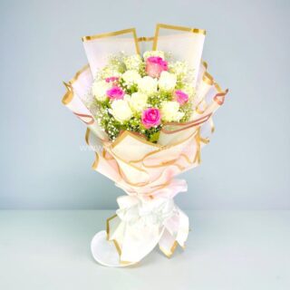 Pink & White Rose in Pink Paper packing Bouquet