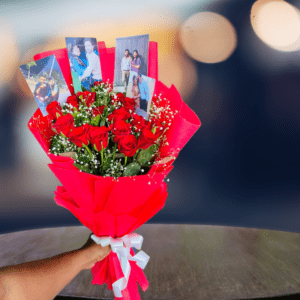 Red Rose in Red paper with Photos Bouquet