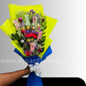 Red Rose with hand making chocolate in yellow paper online delivery