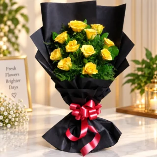 Yellow rose in Black paper packing Bouquet