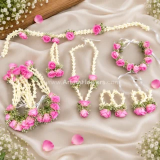 Pink Roses With Rajnigandha Flowers Jewelry