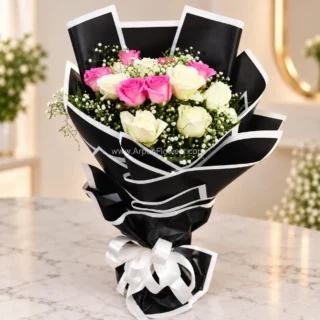 Red & Pink Rose in Black Paper