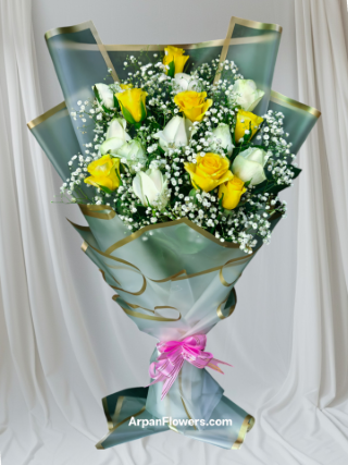 White and Yellow Rose With Gypso 1 mix rose bouquet