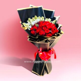 Red Rose with Rajanigandha in Black paper