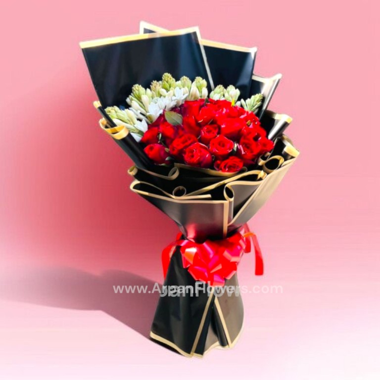 Red Rose with Rajanigandha in Black paper 1 Red Rose with Rajanigandha in Black paper