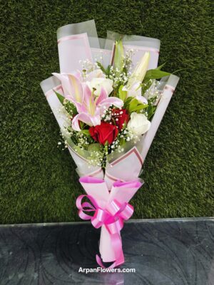 Pink Lily's with Rose  Hand Bouquet - Image 2