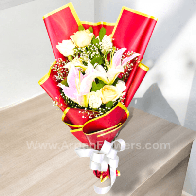 Lily With White Rose Bouquet In Red Packing
