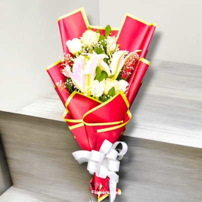 Lily With White Rose Bouquet In Red Packing - Image 2