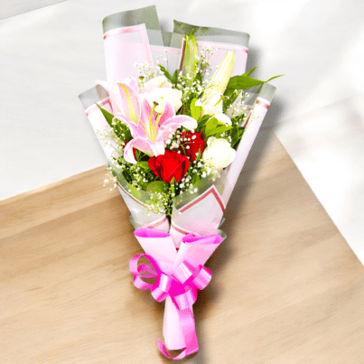 Pink Lily's with Rose Hand Bouquet