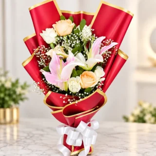 Lily With White Rose Bouquet In Red Packing